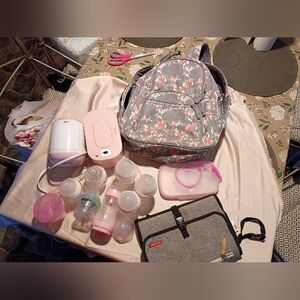 Floral Gray Kids Backpack and Baby Bottle Set - Pink Accents